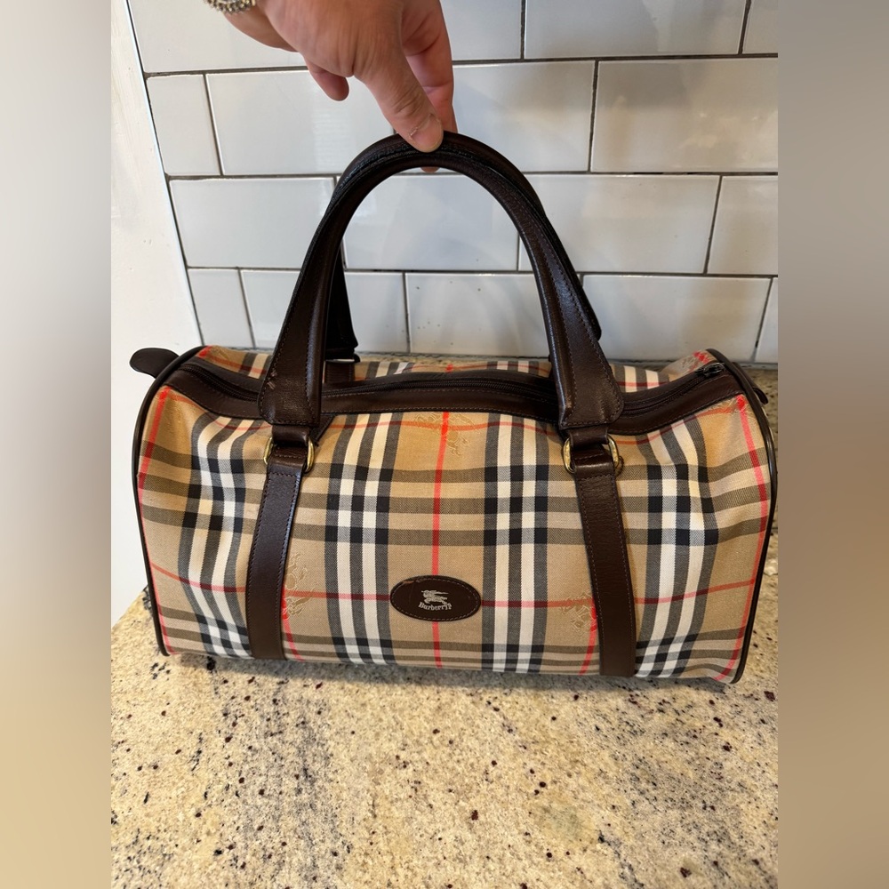 Burberrys Nova Check Canvas Leather Hand Boston Bag Beige
